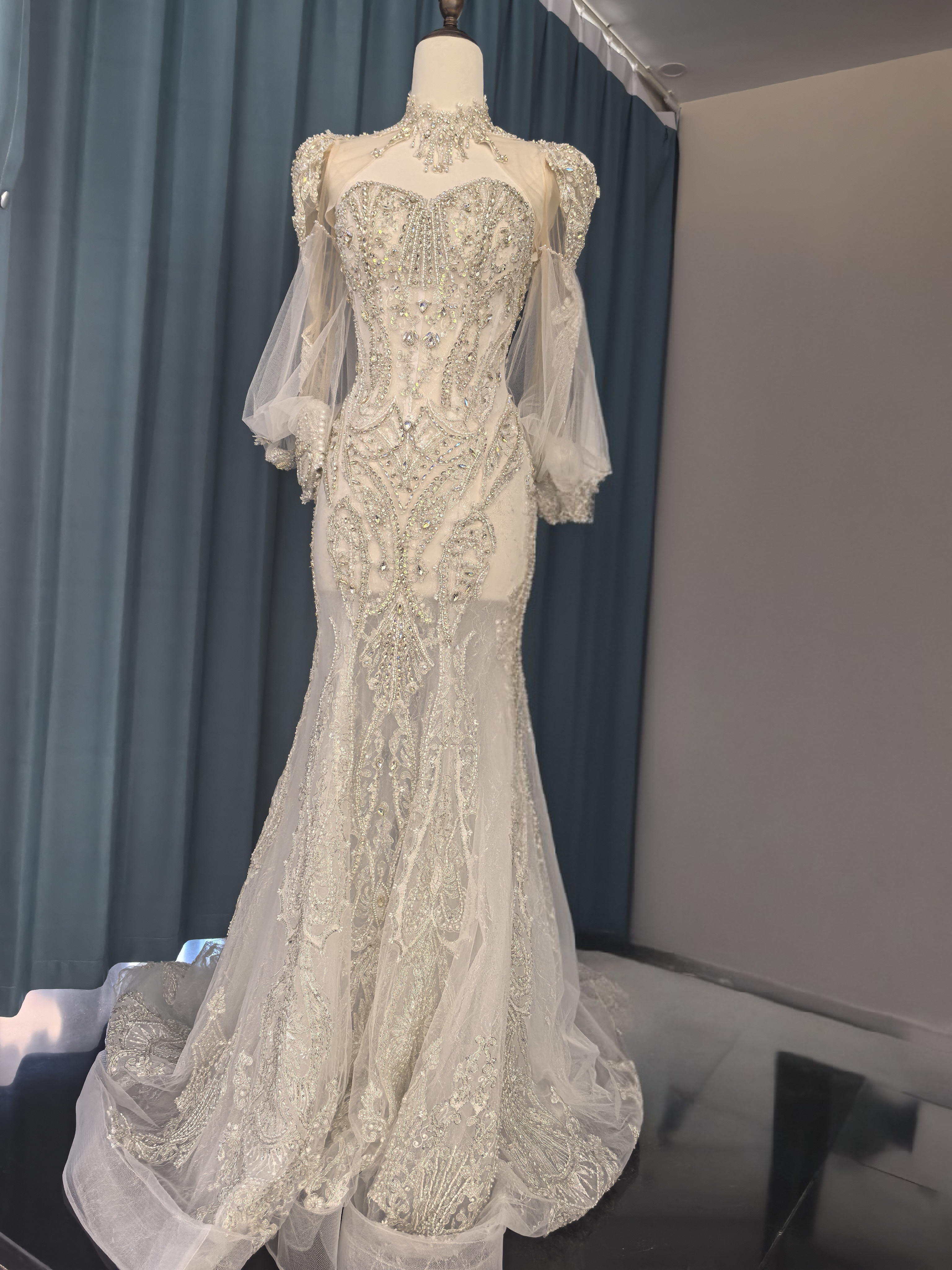 ゴージャススタイル 取り外し式襟  袖 立体レース  キラキラクリスタル マレージュタイプ ロングテール K 34