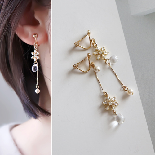 雪結晶の滴ピアス/イヤリング ピアス（フック・チェーン） hanahana