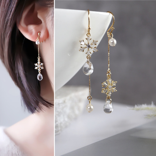 雪結晶の滴ピアス/イヤリング ピアス（フック・チェーン） hanahana