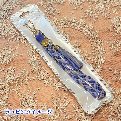 Tシャツヤーン編みスマホハンドストラップ｜フェイクレザータッセル