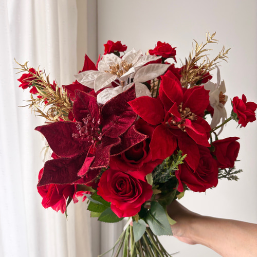 赤ブーケ　アーティフィシャルフラワー 受注生産】華やかクリスマスブーケ アーティフィシャルフラワー（造花