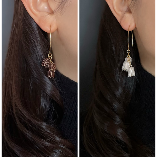 揺れるホワイトLilyのロングフックピアス お花 フラワー 白ビーズ