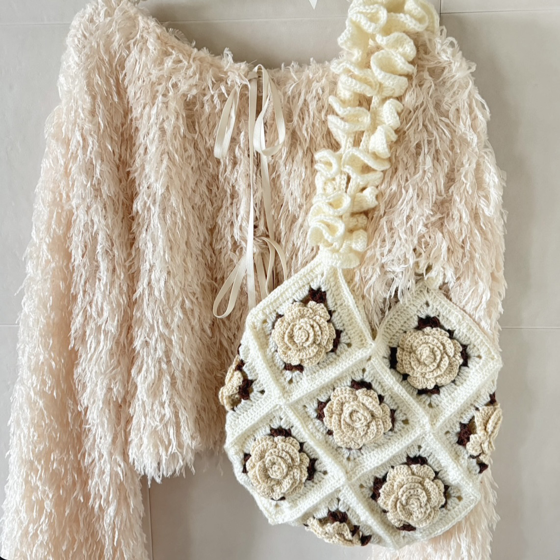 Rose frill tote 【ivory×beige】