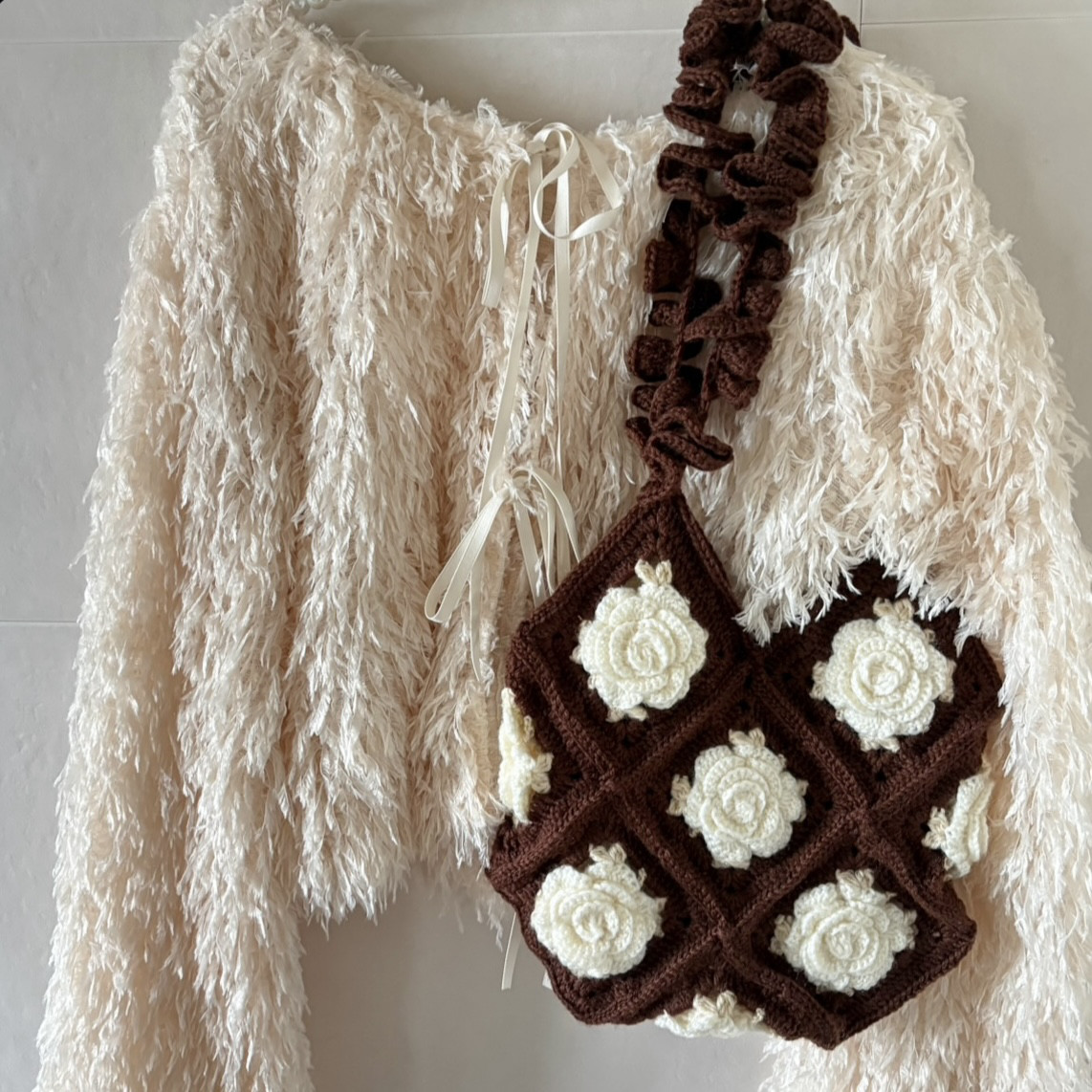 Rose frill tote 【brown×ivory】