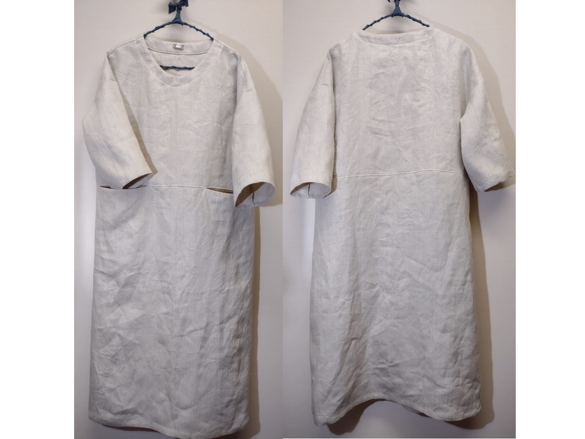 【厚手リネン】フロントぽっけのワンピース◆生成り（ポケ：マスタード）◆ウィンターリネン（15番手厚手）◆フリーサイズ