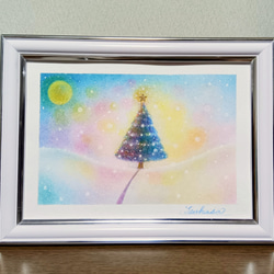 冬のパステルアート 天使舞う星と雪のホワイト・クリスマス パステル画