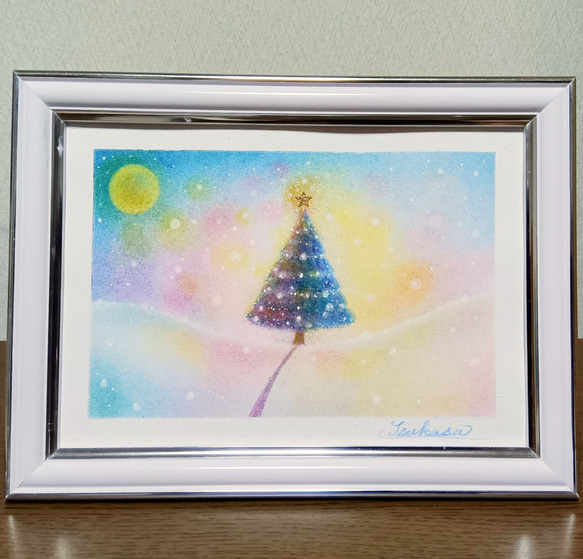 碧いクリスマス　絵画アート原画　パステル画 パステルアート 月光と彩のクリスマスツリー パステル画原画 絵画 T's