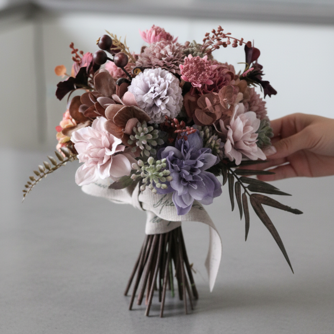 秋のニュアンスブーケ | チョコレートコスモスとマムの大人シックな造花アレンジ＊インテリア・ギフトにも