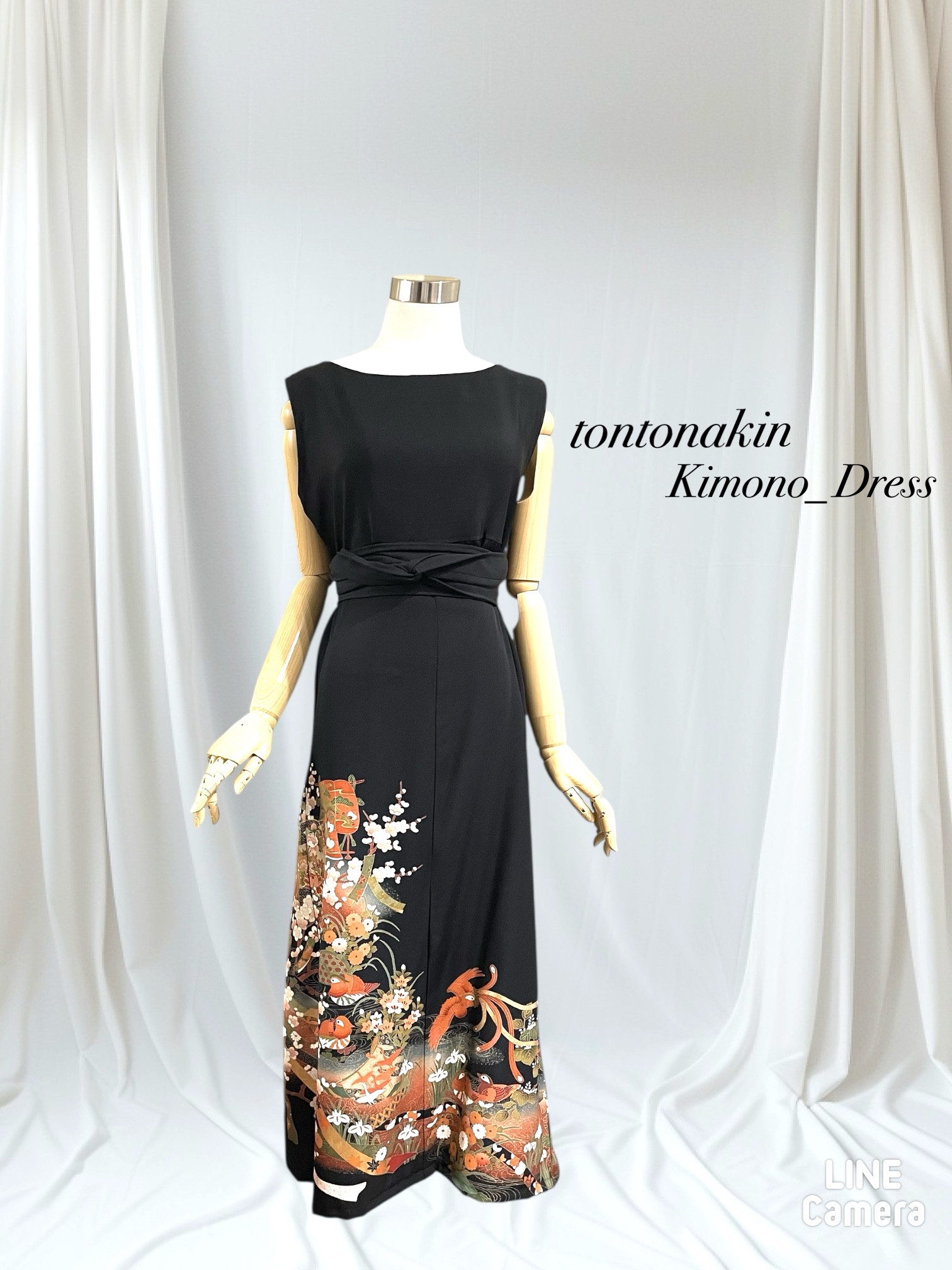 送料無料 着物リメイク ゆったりなのにほっそりスタイル良く見える 金彩 金駒刺繍 鳳凰 おしどり 留袖 ドレス L〜LL