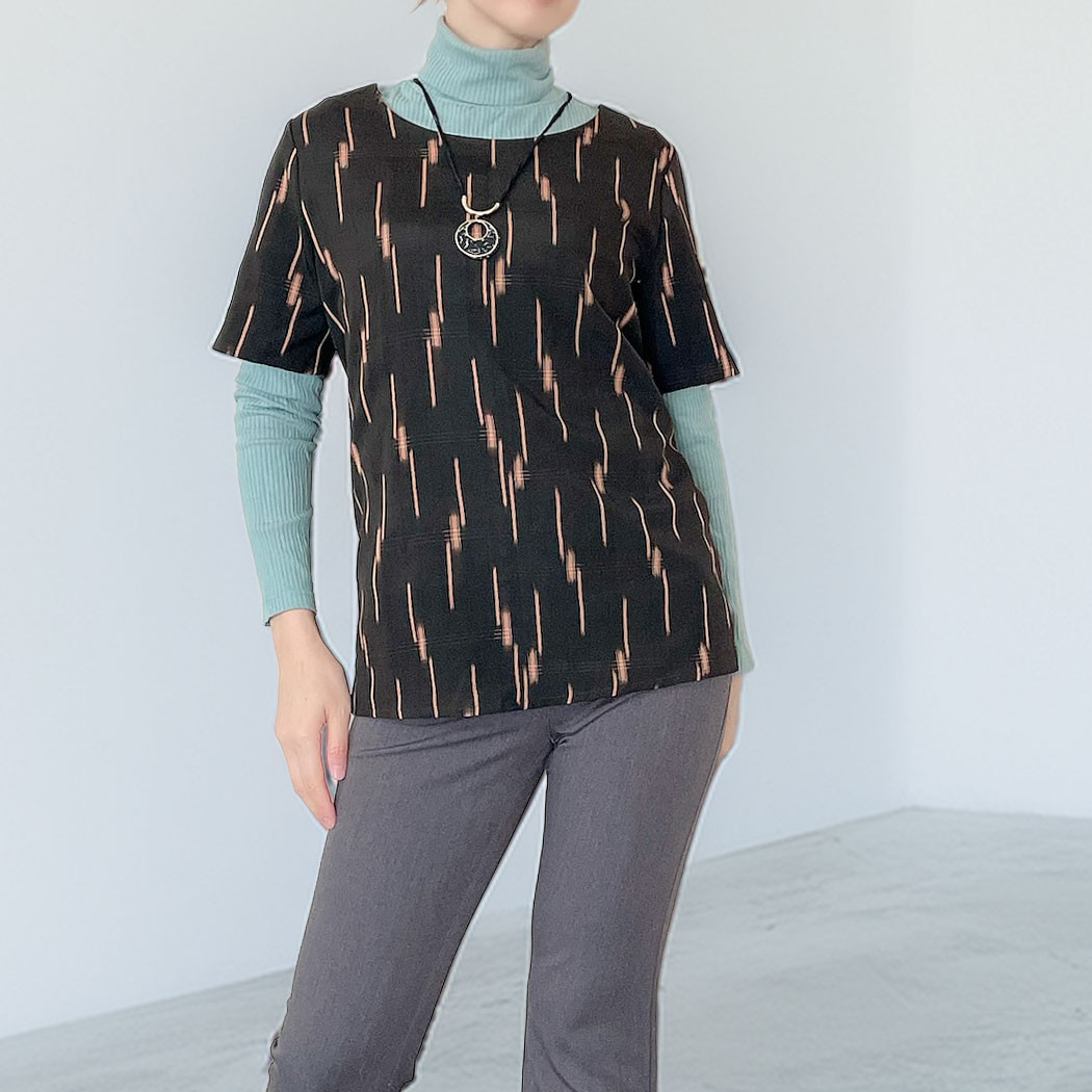 半袖 シルクチュニック【着物リメイク】ブラウン * ピンクベージュ/ プルオーバー / 一点物 * セットアップ