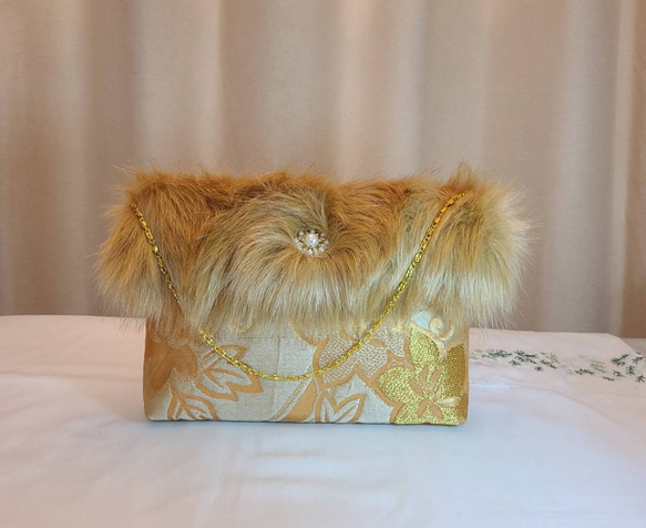 和装用バッグ 金色と銀色の花柄 着物 絹 シルクガード 未使用 和装