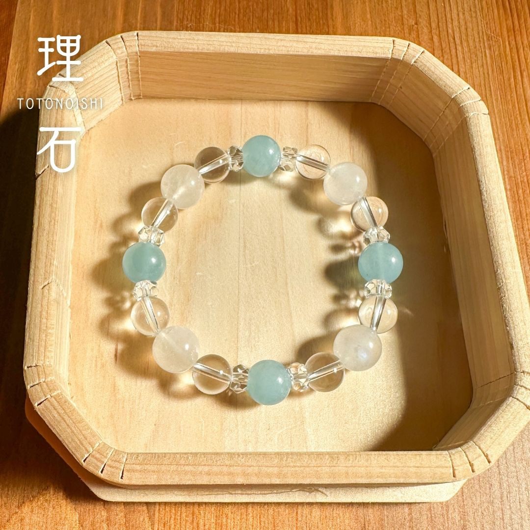 高品質4A級アクアマリン、ブルームーンストーン、5A級クリスタルクォーツの天然石ブレスレット