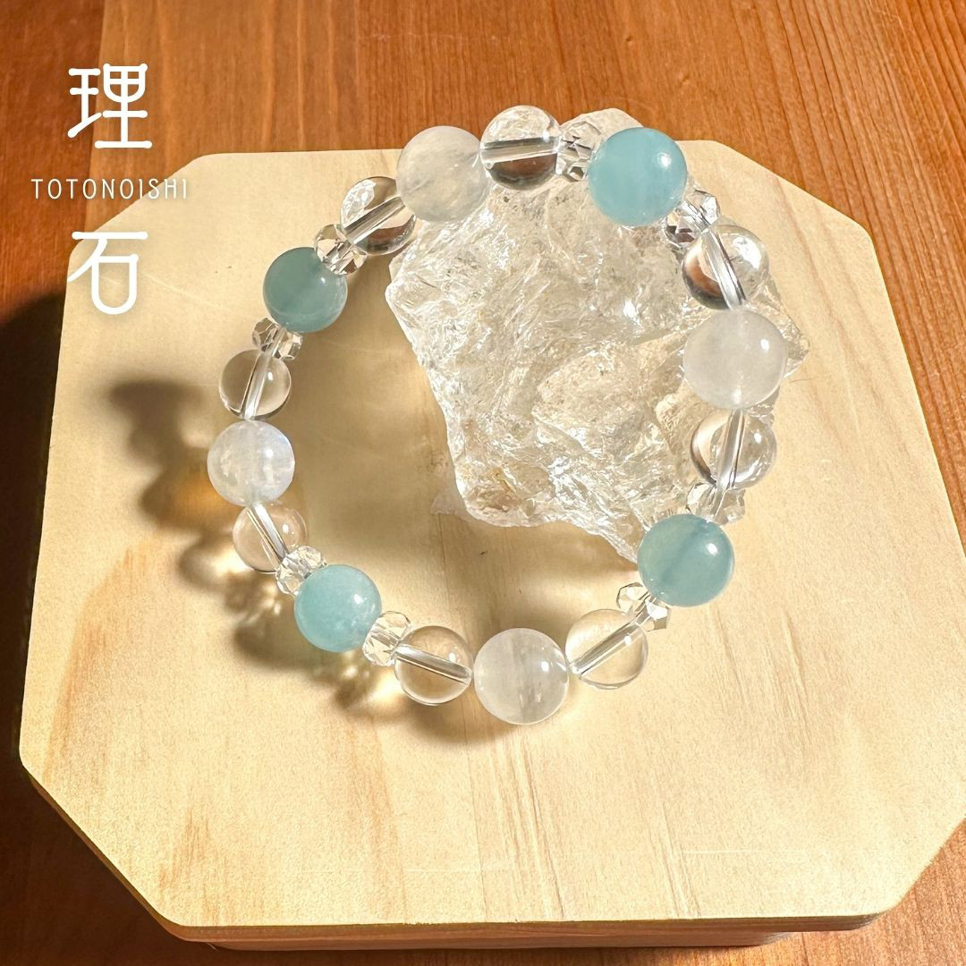 高品質4A級アクアマリン、ブルームーンストーン、5A級クリスタルクォーツの天然石ブレスレット