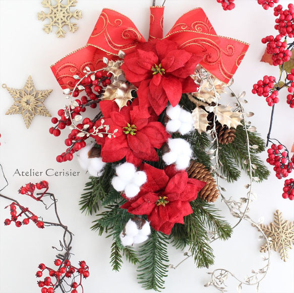 ・☆クリスマス スワッグ ポインセチア レッド＜アーティフィシャルフラワー＞ 1枚目の画像