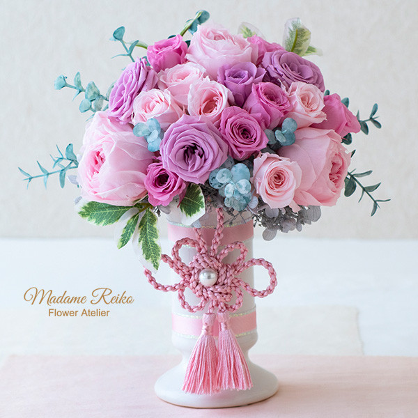 011＜仏花>薄紫と淡いピンクのバラ プリザーブドフラワー ローズ アジサイ 天然石 パール ギフト お供え