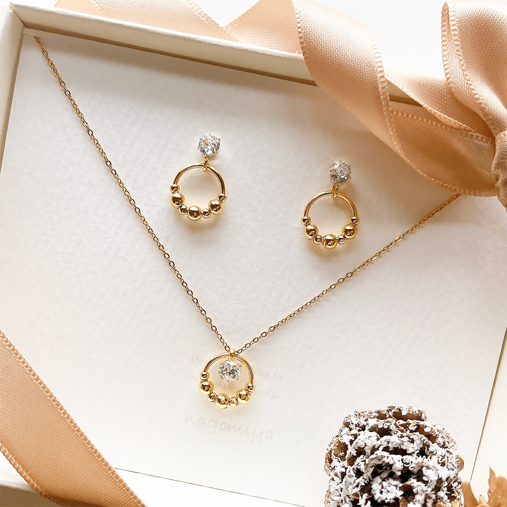 AAAジルコニアとゴールドリース アクセサリーセット 金アレ対応