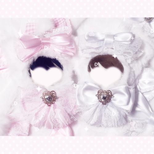 リボン付き 10cm ねこ耳 ぬいぐるみ服 ピンク ホワイト セット