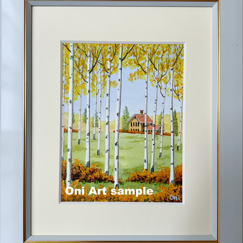 白樺の丘・秋01」額縁付き 原画 アクリル画 F0サイズ 風景画 絵画 Oni