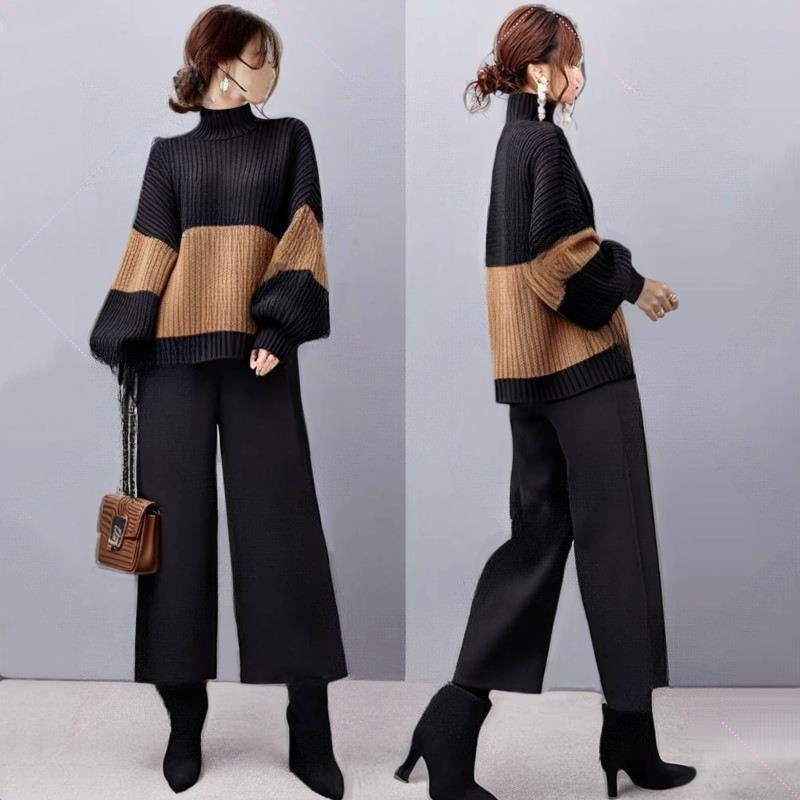 秋レディースハイネック毛糸トップス＋ワイドレギンス【返品・交換可】品質最優先25-475