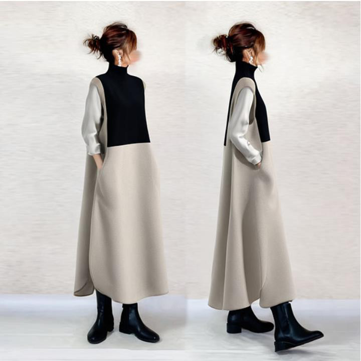 秋冬レディース黒のパッチワークミッドレングスワンピース【返品・交換可】品質最優先25-476 6,802円