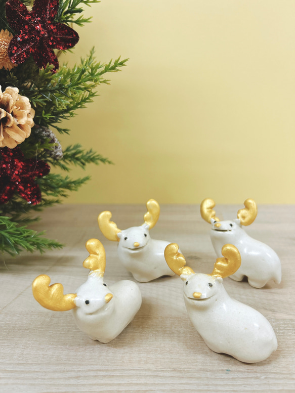 ホワイトクリスマス 白いトナカイ ゴールド 陶器 置物 その他置物 つち