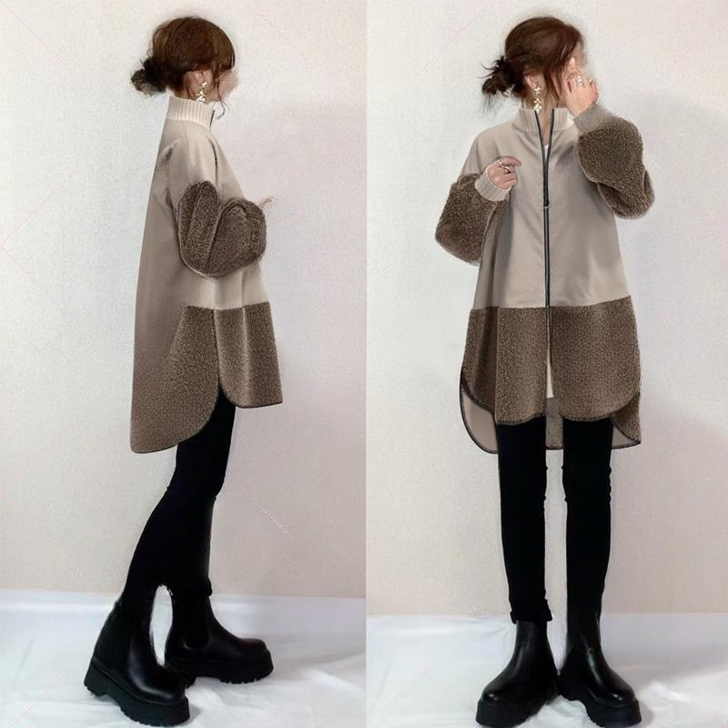 秋冬レディースウールハイネックパッチワークコート【返品・交換可】品質最優先25-477