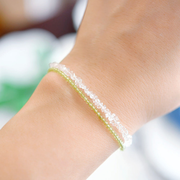 2WAY ブチペリドットとハーキマーダイヤモンドの2連マンテル留め具ブレスレット  8月誕生石 6枚目の画像