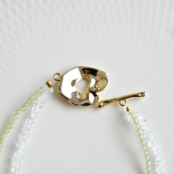 2WAY ブチペリドットとハーキマーダイヤモンドの2連マンテル留め具ブレスレット  8月誕生石 4枚目の画像