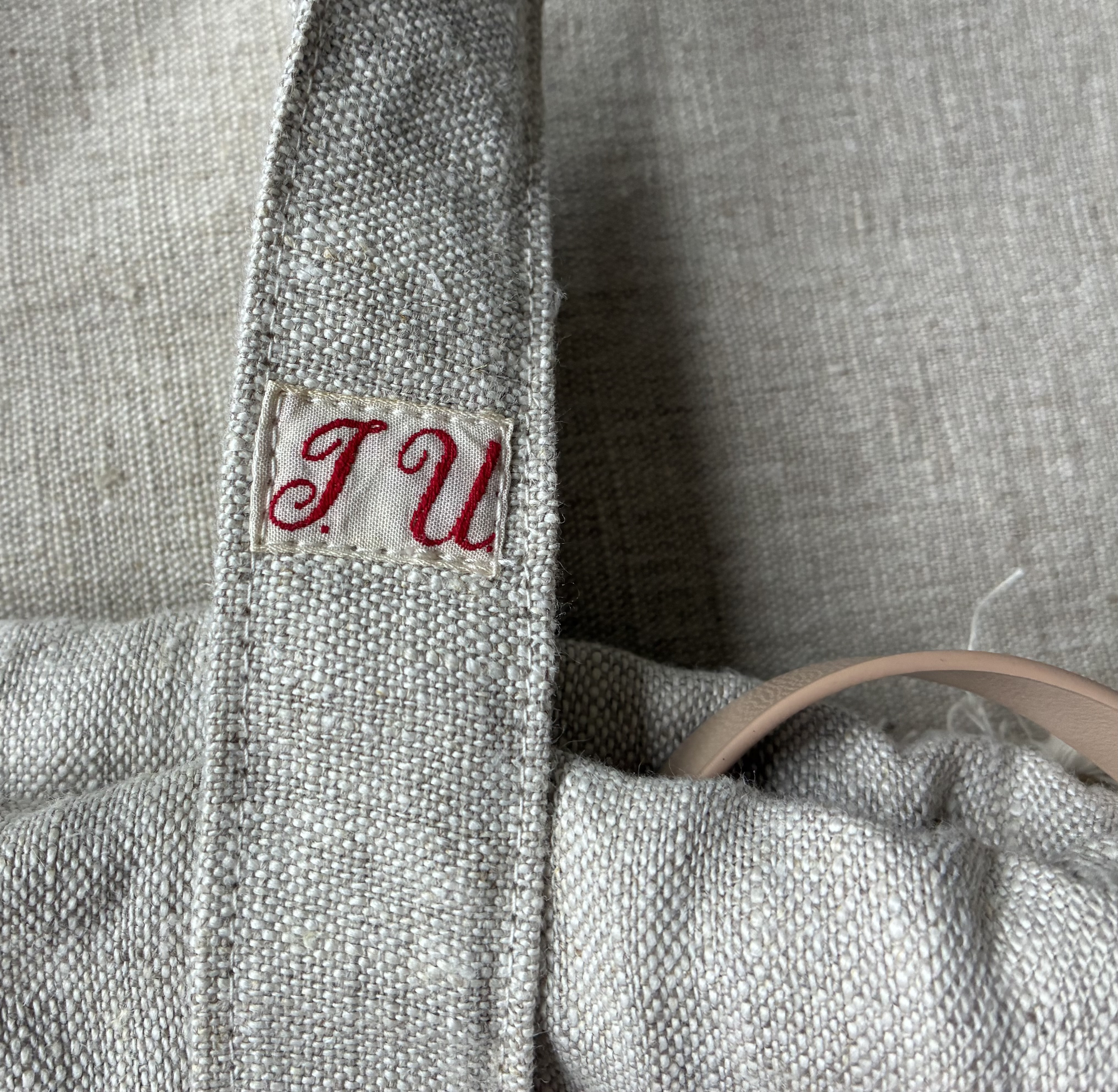 レア*アンティークリネン*黄色チェック*大き目巾着バッグ*ベルギーリネン*斜めがけ用Ⅾカン付き