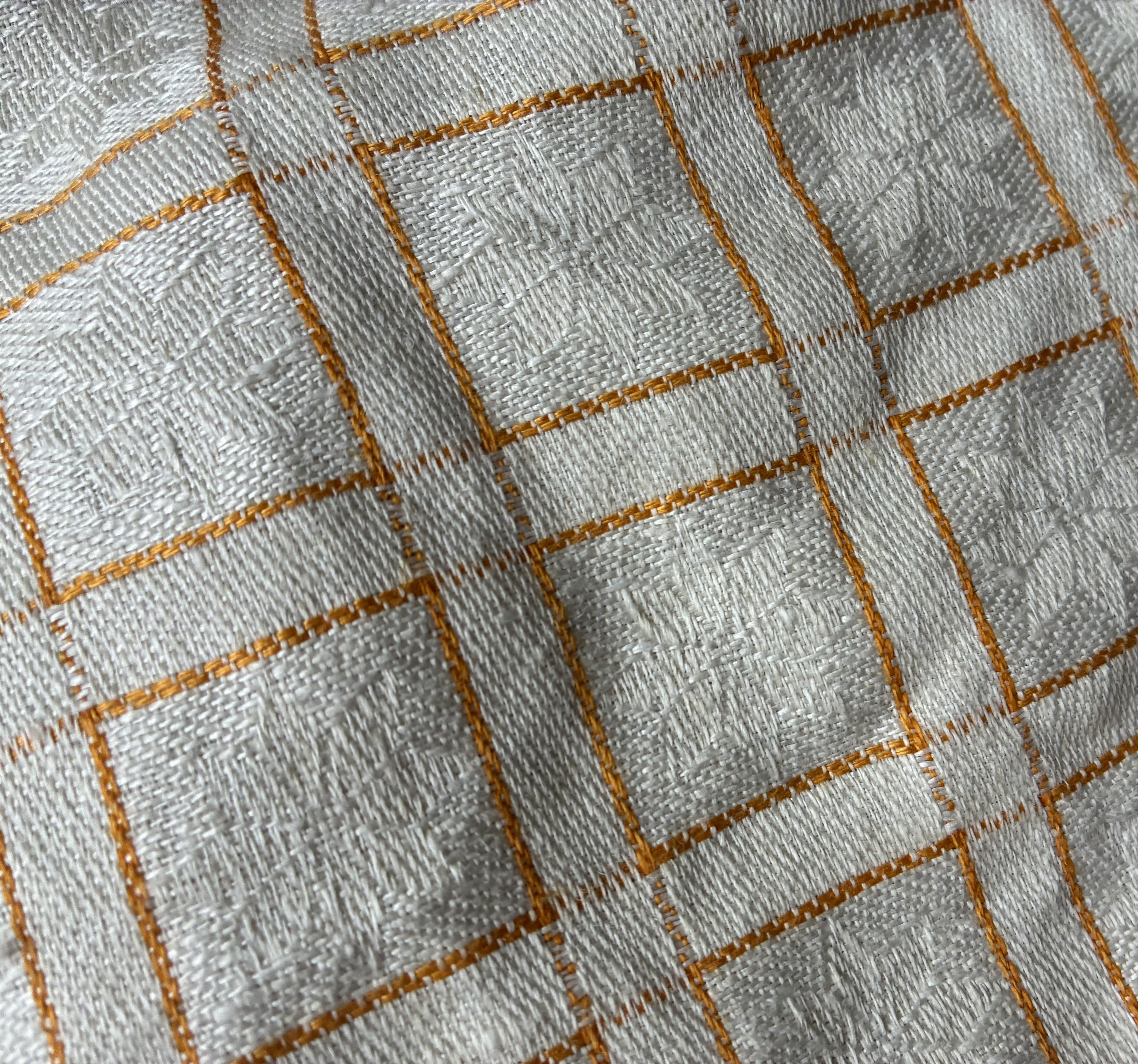 レア*アンティークリネン*黄色チェック*大き目巾着バッグ*ベルギーリネン*斜めがけ用Ⅾカン付き