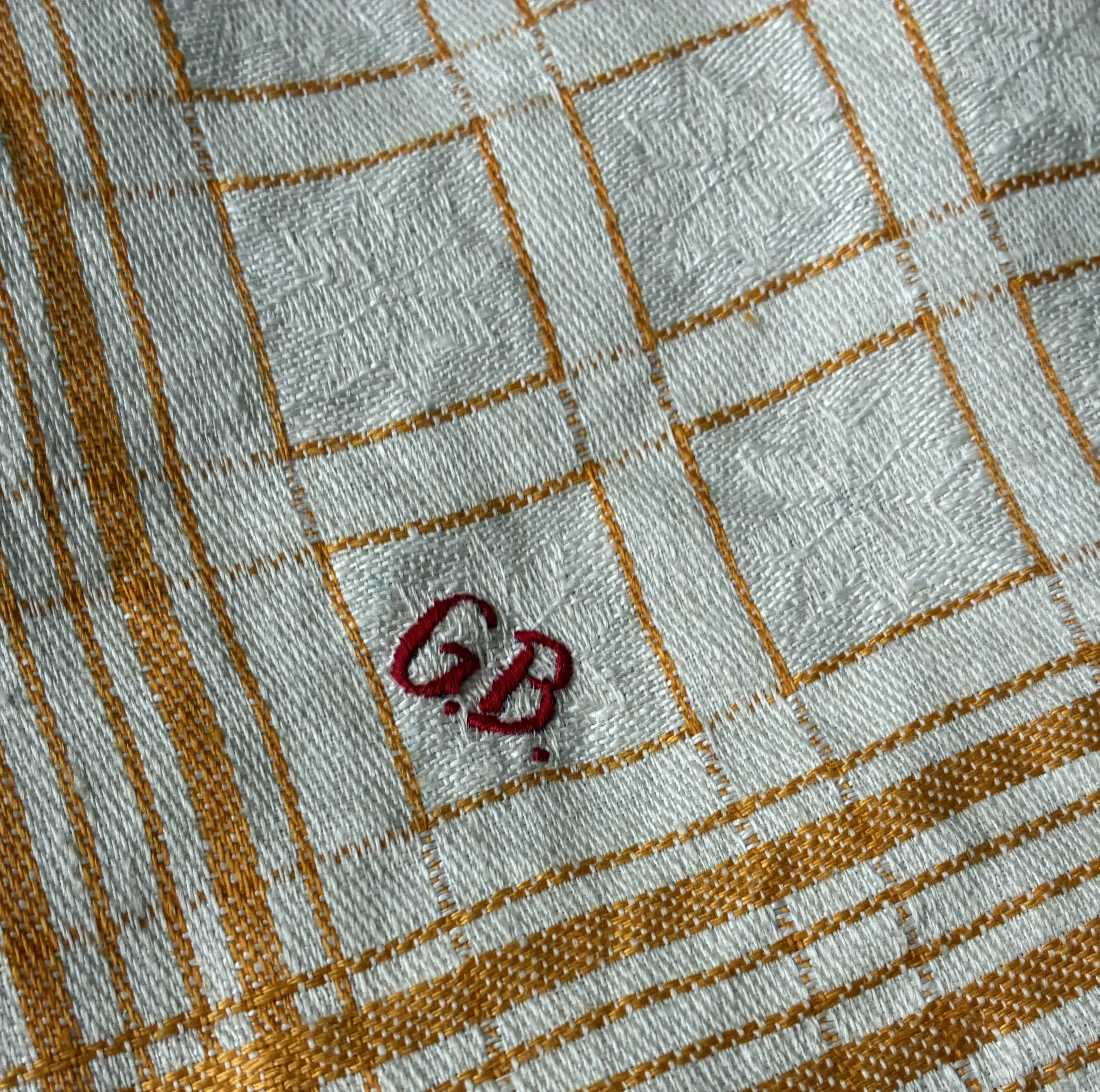 レア*アンティークリネン*黄色チェック*大き目巾着バッグ*ベルギーリネン*斜めがけ用Ⅾカン付き