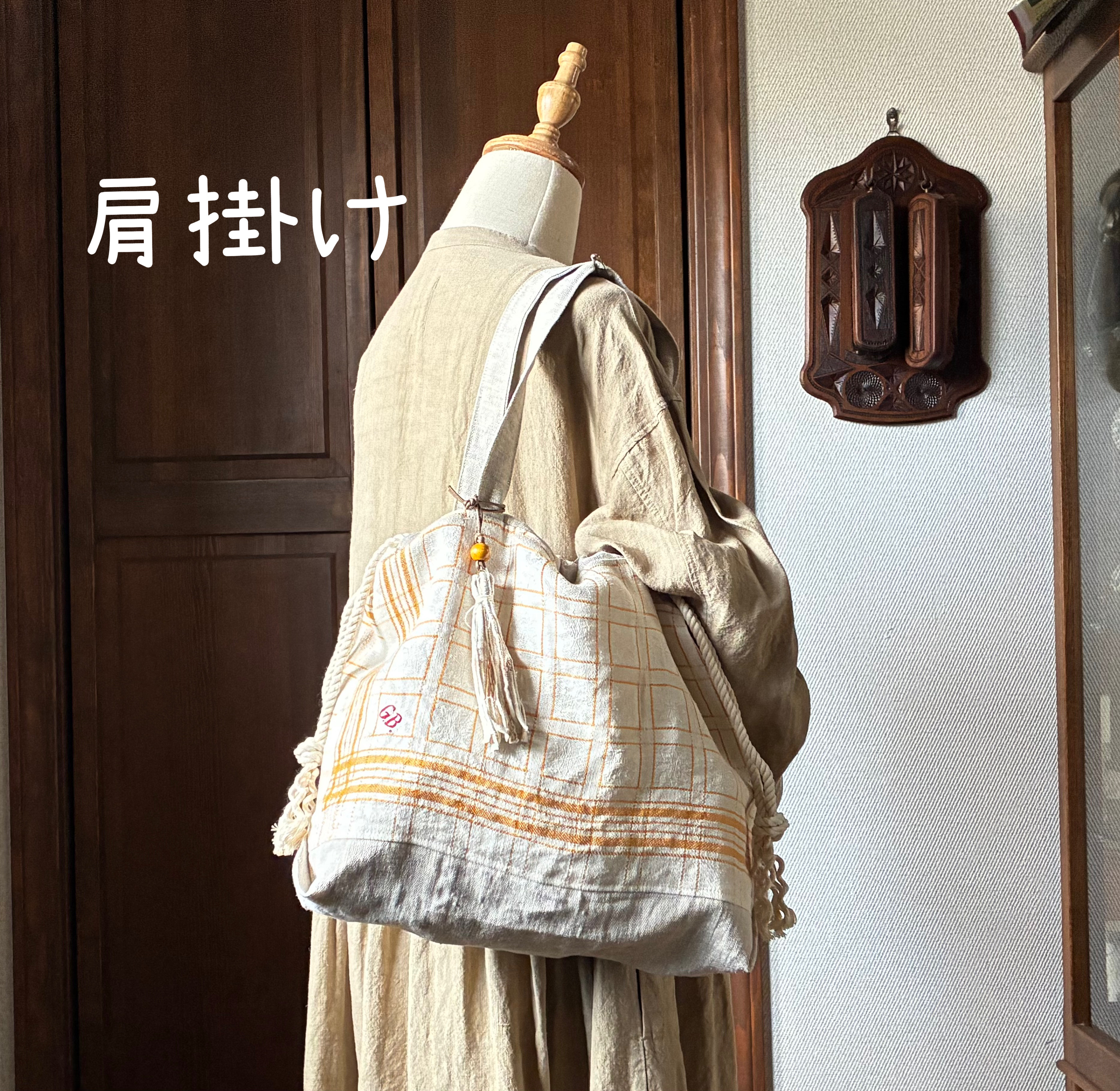 レア*アンティークリネン*黄色チェック*大き目巾着バッグ*ベルギーリネン*斜めがけ用Ⅾカン付き