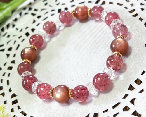 ピンクマイカ・ストロベリークォーツ・水晶の天然石ブレスレット