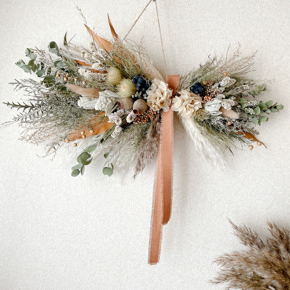 ミルクティーベージュ　ドライフラワー縦長スワッグ　横長スワッグ ミルクティーベージュドライフラワー縦長スワッグ横長スワッグ