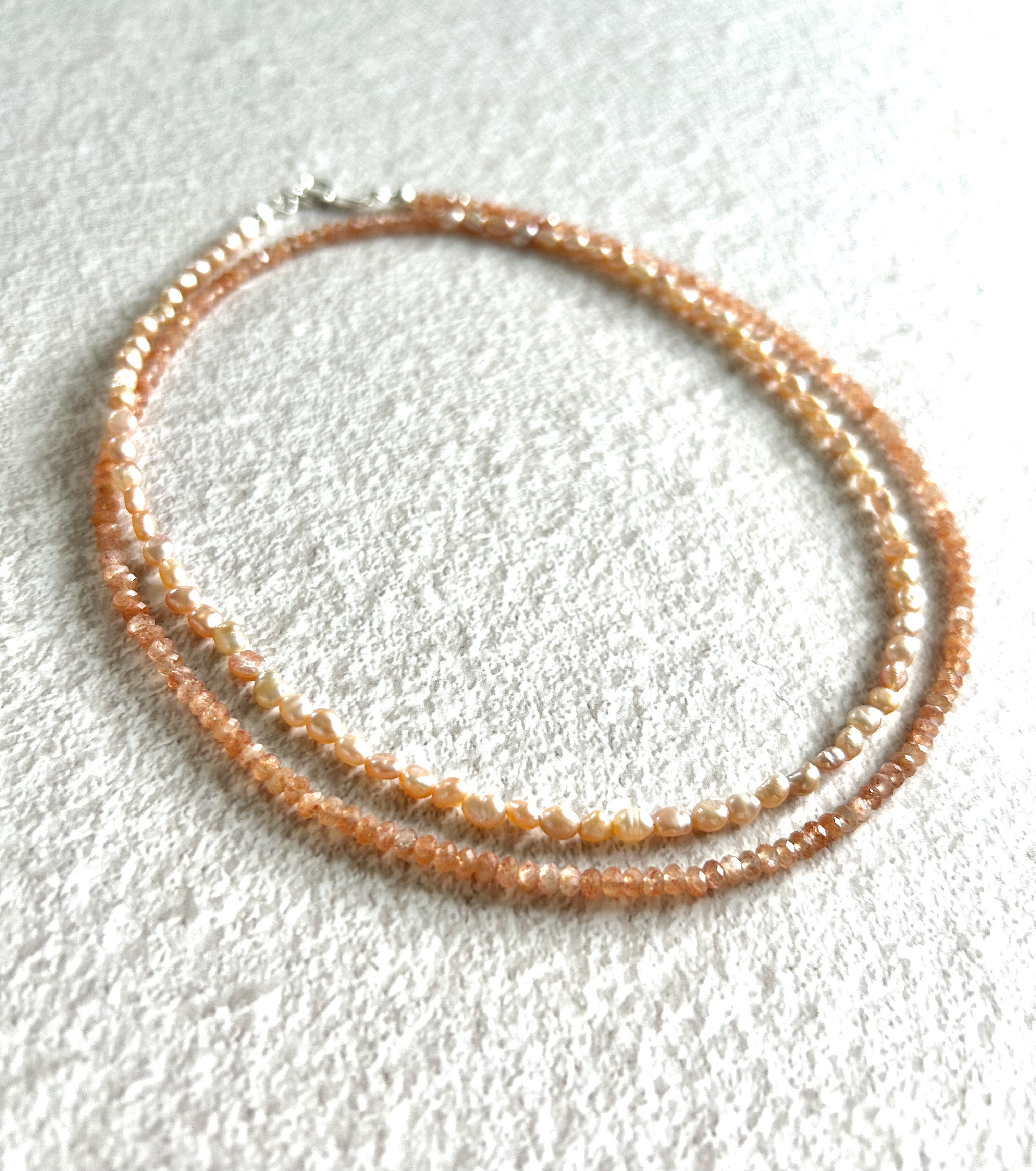 陽だまりのパール＊サンストーン＆天然オレンジピンク淡水パール 4wayネックレス／ブレスレット