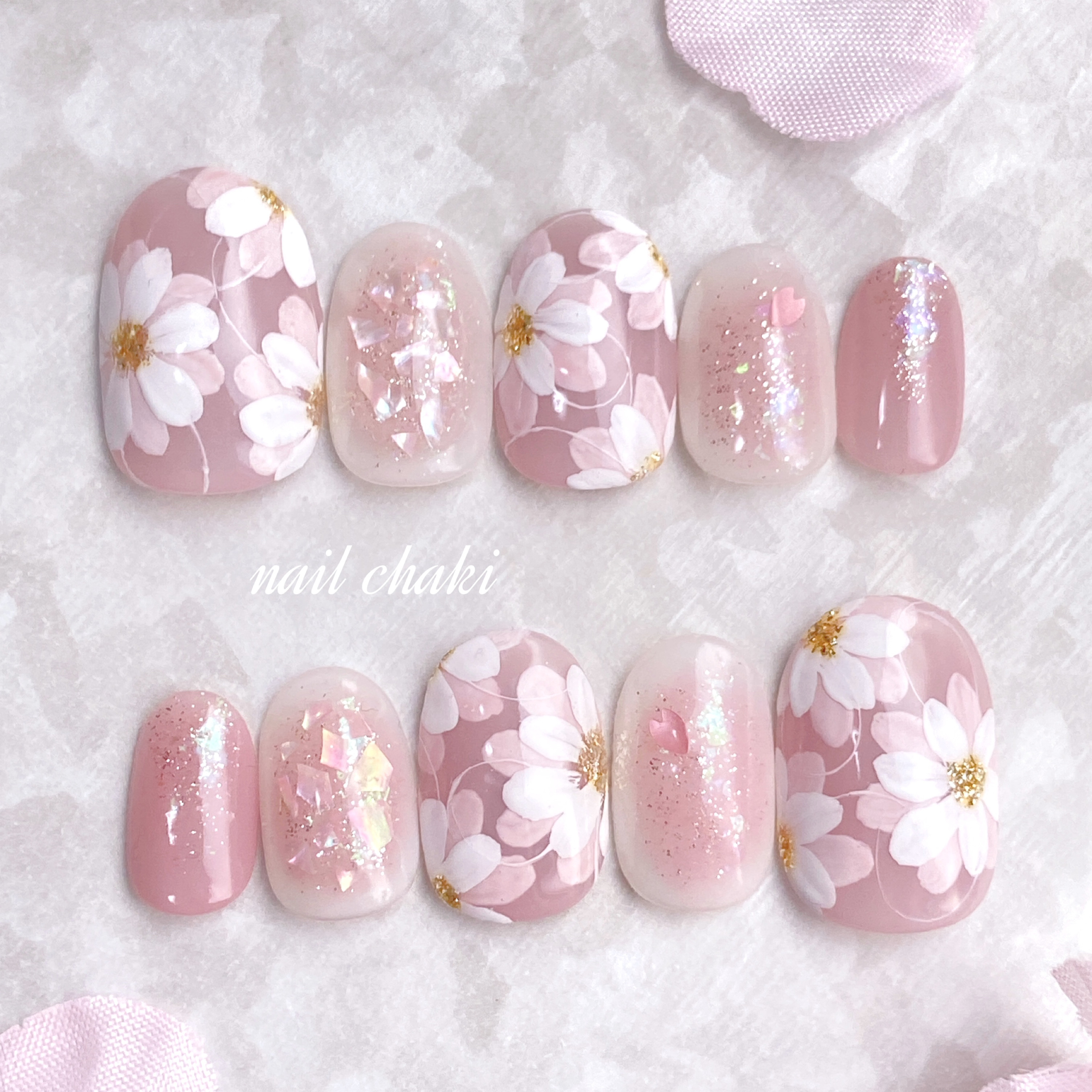 - 春姫 - 八重桜のブライダル・前撮りネイルチップ〈可憐ピンク×上品フラワー〉