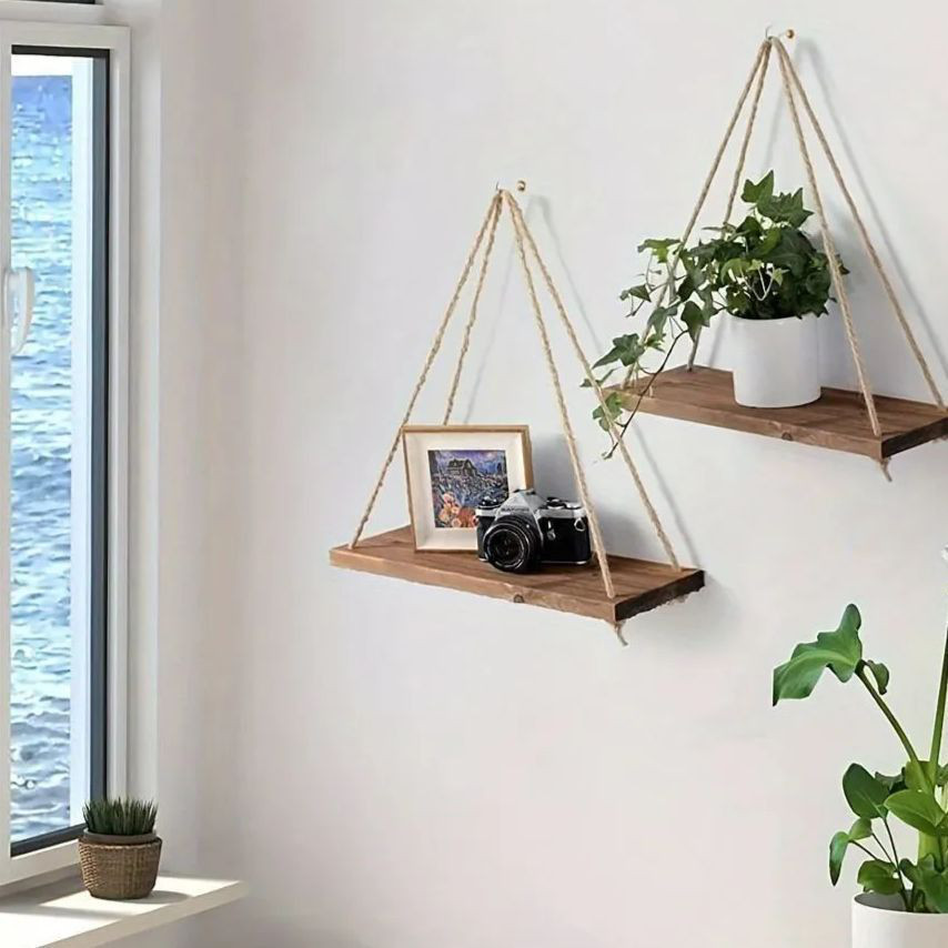 ラック アート インテリア 木製三角壁掛け棚 2 個セット クリエイティブな木製スイング壁飾り 麻ロープ付き 壁掛け 木