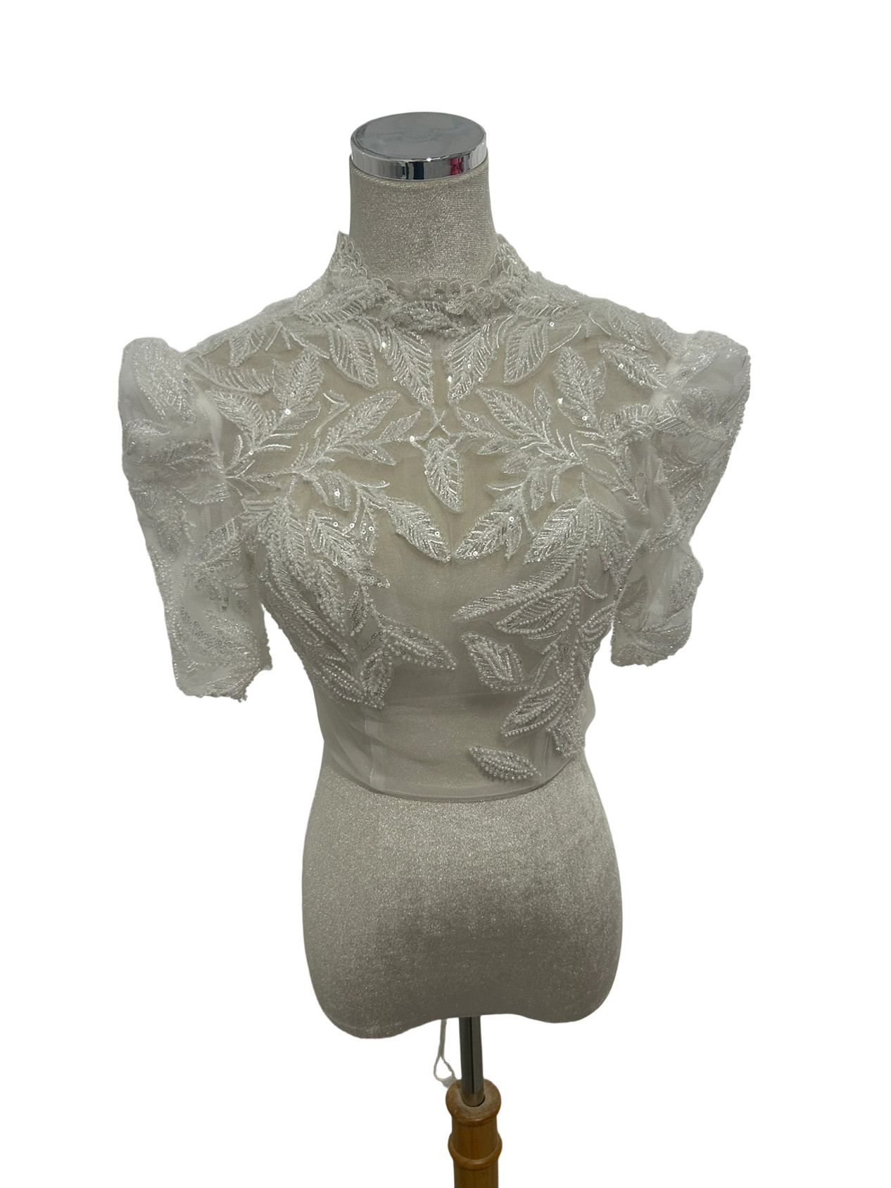 インポートビジューレース ボレロ ファスナー くるみボタン 短袖 リーフ刺繍 花嫁/ウェディングドレス