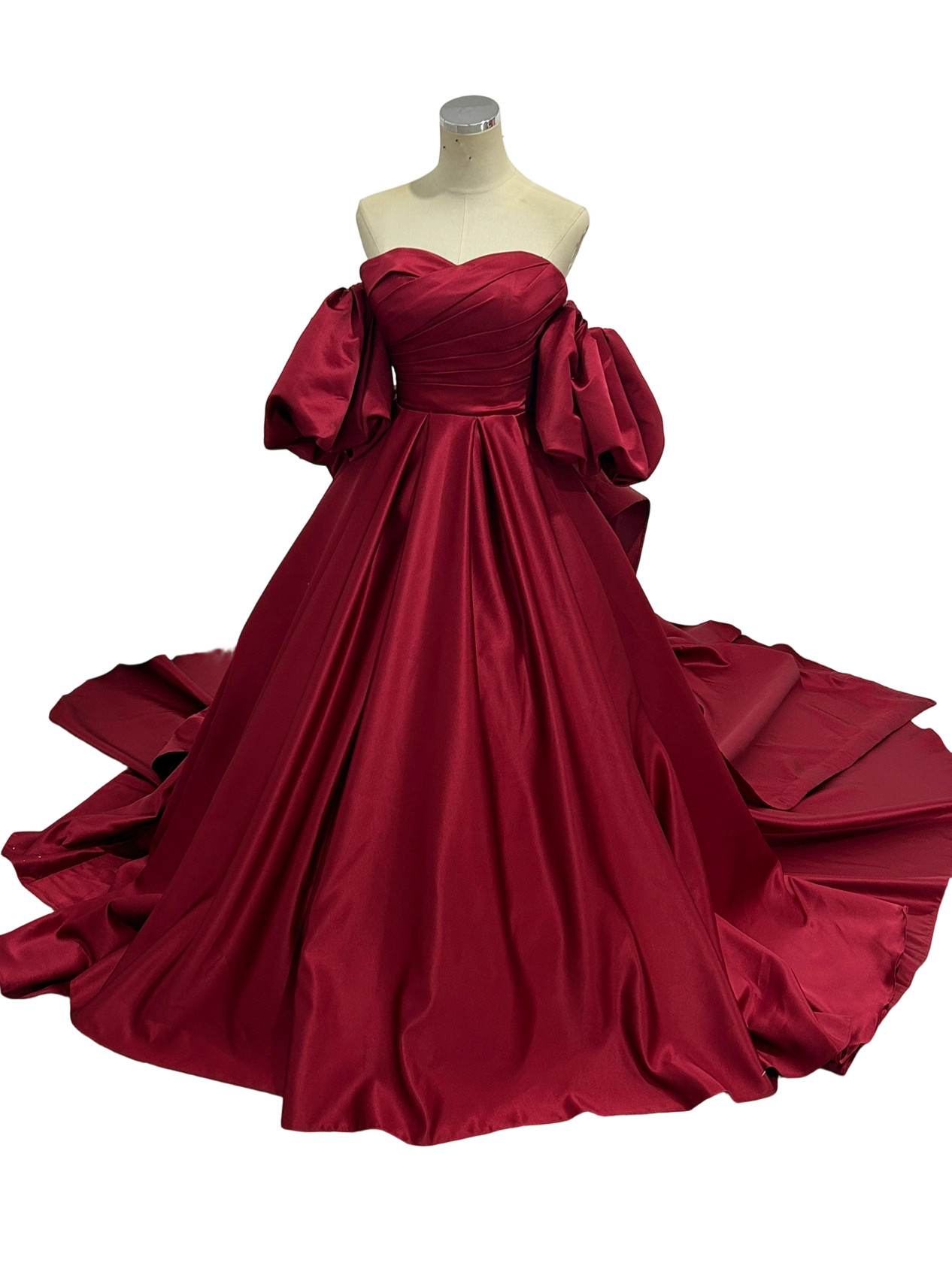 カラードレス パフスリーブドレス えんじ色 ラッフルフリル リボントレーン 光沢サテン 結婚式 花嫁