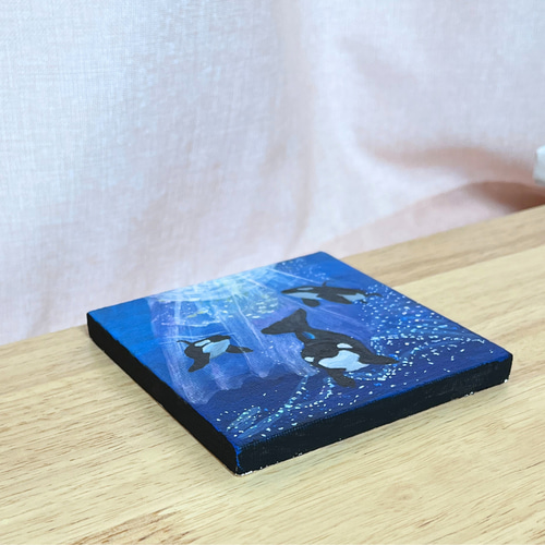 光降り注ぐ海のシャチたち」ミニキャンバス原画 送料無料 絵画 vet