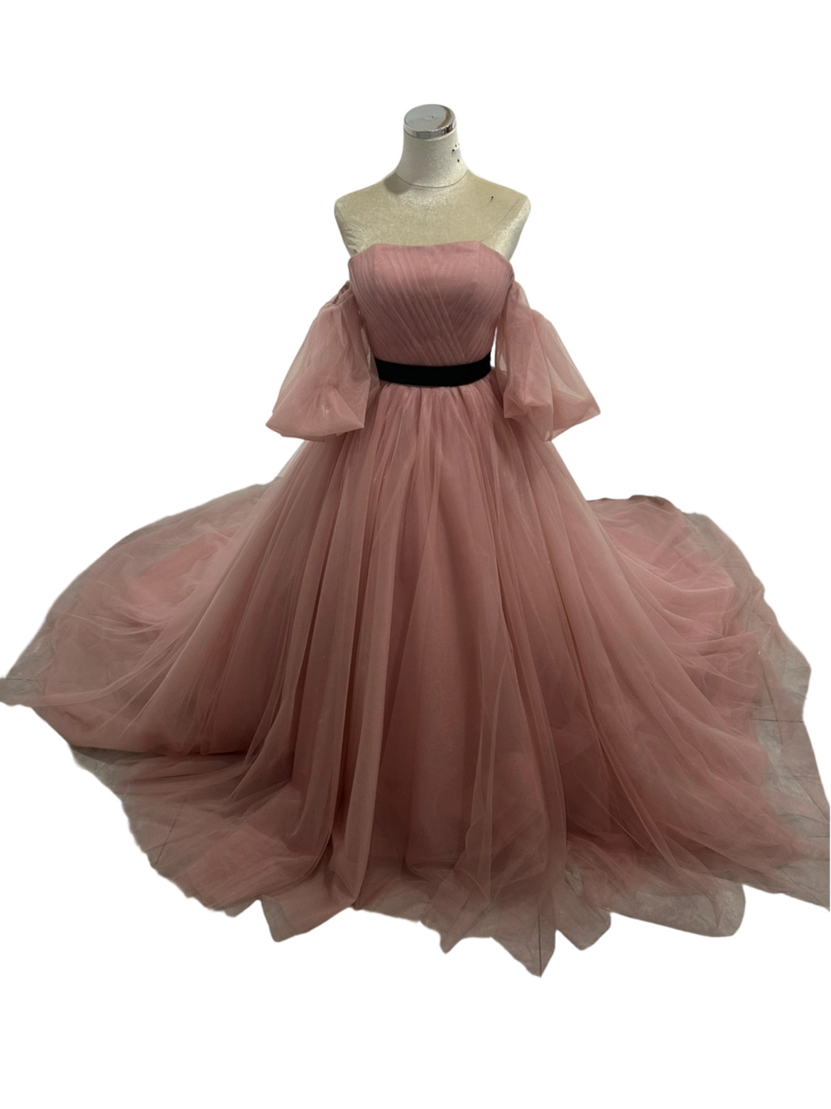 カラードレス ピンク パフスリーブ パフスリーブ 柔らかく重ねたチュールスカート サッシュベルト 結婚式