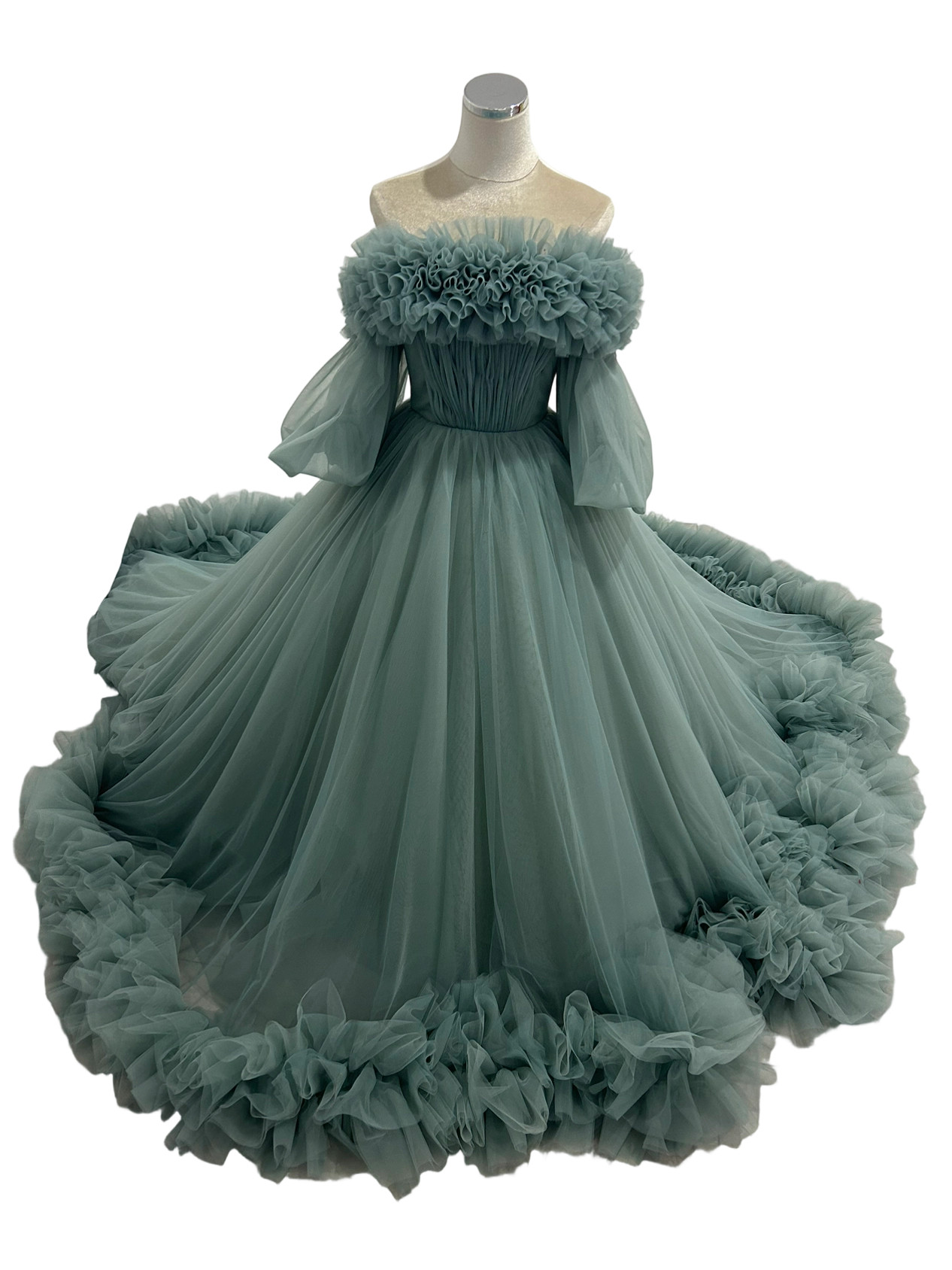 カラードレス オフショルダー パフスリーブ リボントレーン 編み上げ ブルーグレー 結婚式/披露宴