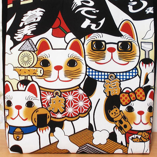 大きめトートバッグ 福猫家族 東京観光 浅草 仲見世 うまいもん巡り 笑