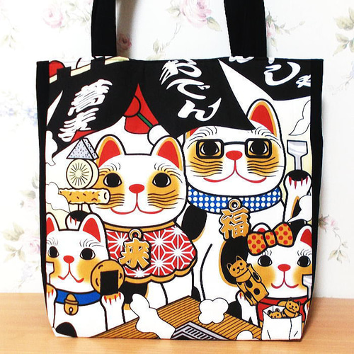 にゃんじーくす&にゃめんの従者　トートバッグ 大きめトートバッグ 福猫家族 東京観光 浅草 仲見世 うまいもん巡り 笑