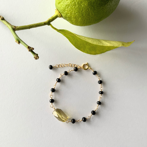 smoky yellow＊レモンクオーツ×オニキス＊14Kgfブレスレット 3枚目の画像