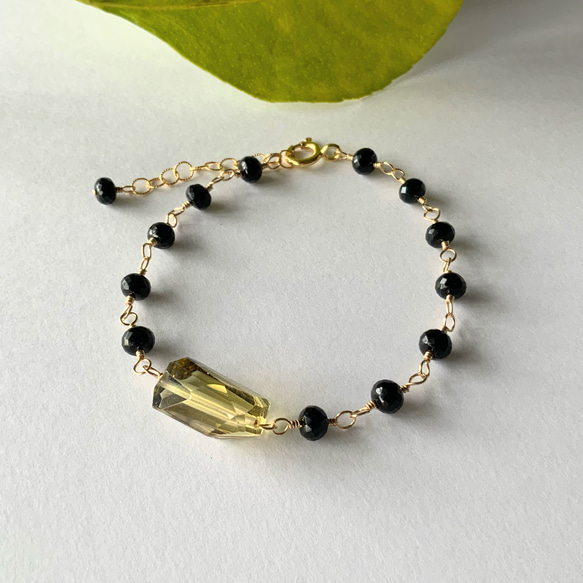 smoky yellow＊レモンクオーツ×オニキス＊14Kgfブレスレット 4枚目の画像