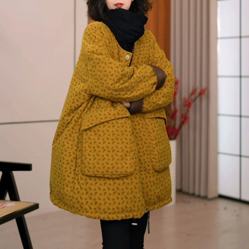 中長款あったか綿入れコート　小花柄　ゆったりシルエット　ナチュラルカジュアルアウター