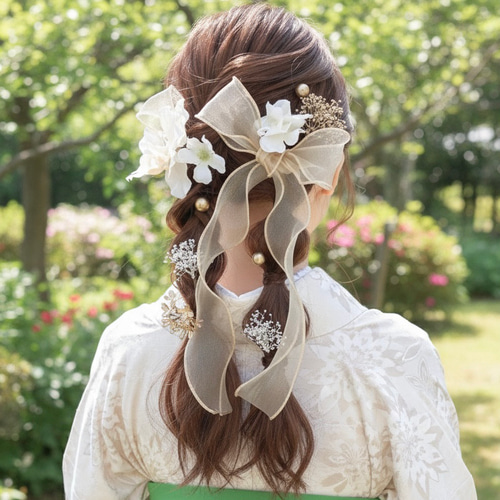 選べるリボン フラワー ヘアアクセサリー ㊱ 髪飾り オーガンジー