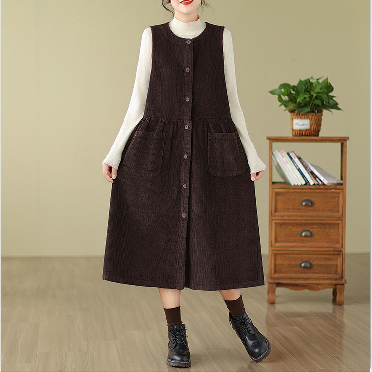 【受注制作 】 通勤・袖なしワンピース・大きいサイズ・着痩せ・コーデュロイ生地・カジュアル