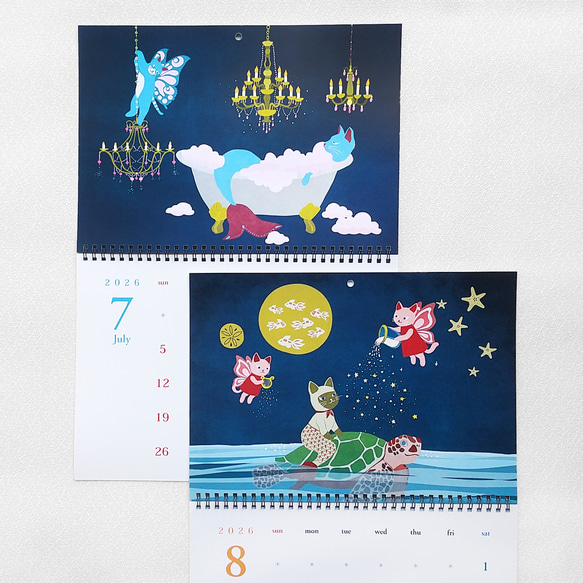 2026魔法の猫カレンダー｜マーメイド猫＆妖精猫｜A3壁掛け・月めくり（ユニコーン特典付） 2枚目の画像
